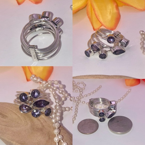 Amethyst Gemstone Multi Band Cluster Spinner Ring - Picture 3 of 4